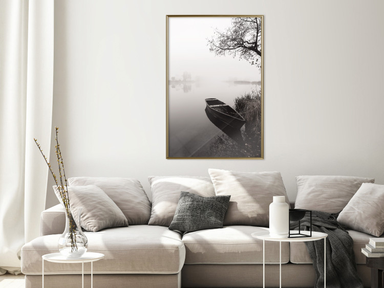 Poster Harbor Under the Tree - black and white misty lake landscape with a boat 130348 additionalImage 10
