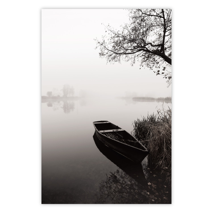Poster Harbor Under the Tree - black and white misty lake landscape with a boat 130348