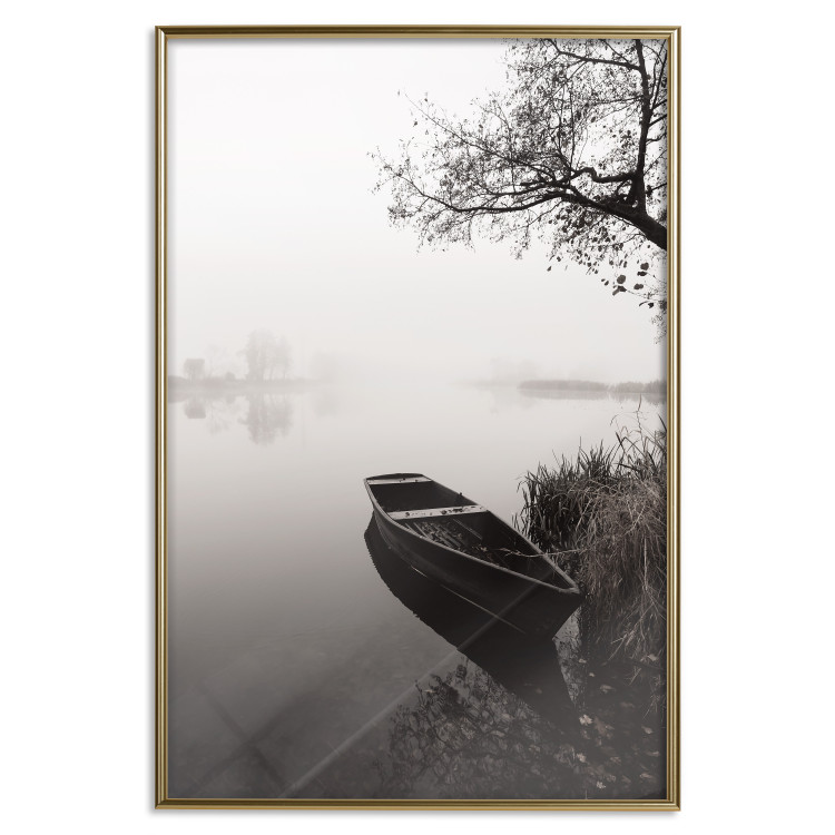 Poster Harbor Under the Tree - black and white misty lake landscape with a boat 130348 additionalImage 17