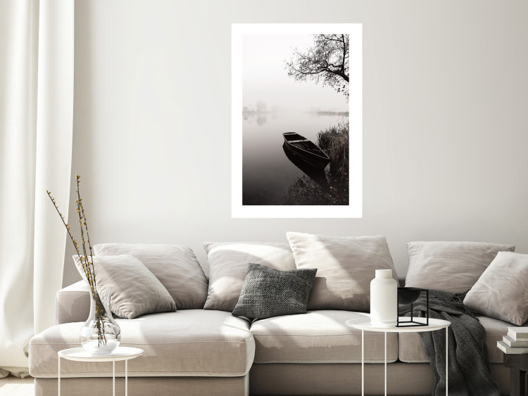 Poster Harbor Under the Tree - black and white misty lake landscape with a boat 130348 additionalImage 12