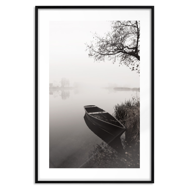 Poster Harbor Under the Tree - black and white misty lake landscape with a boat 130348 additionalImage 15