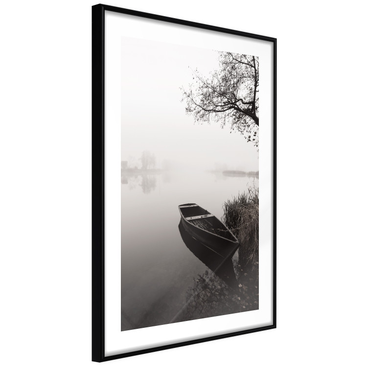 Poster Harbor Under the Tree - black and white misty lake landscape with a boat 130348 additionalImage 2