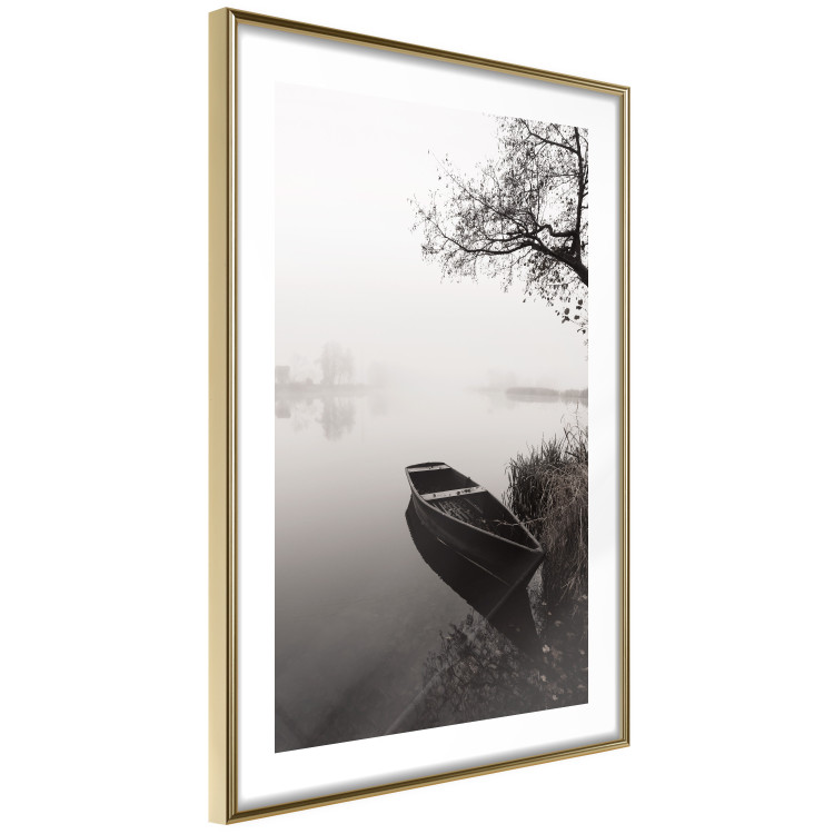 Poster Harbor Under the Tree - black and white misty lake landscape with a boat 130348 additionalImage 4