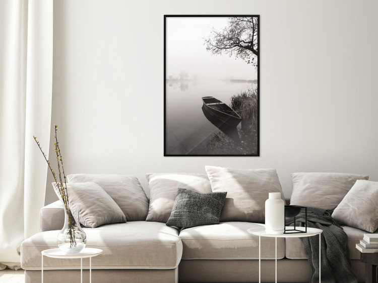 Poster Harbor Under the Tree - black and white misty lake landscape with a boat 130348 additionalImage 9