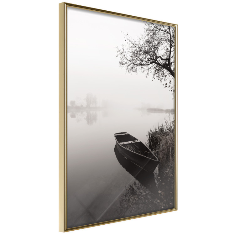 Poster Harbor Under the Tree - black and white misty lake landscape with a boat 130348 additionalImage 6
