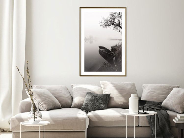 Poster Harbor Under the Tree - black and white misty lake landscape with a boat 130348 additionalImage 13