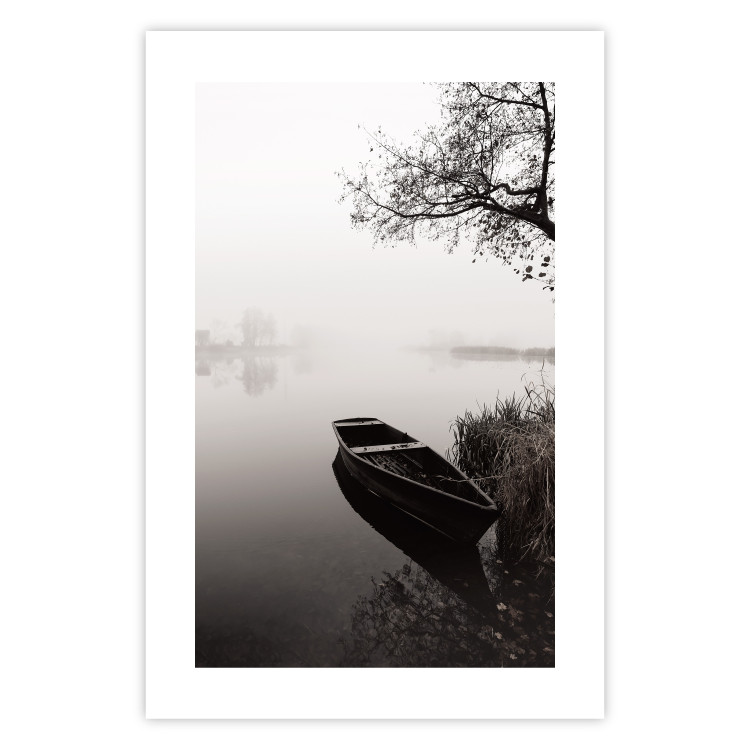 Poster Harbor Under the Tree - black and white misty lake landscape with a boat 130348 additionalImage 19