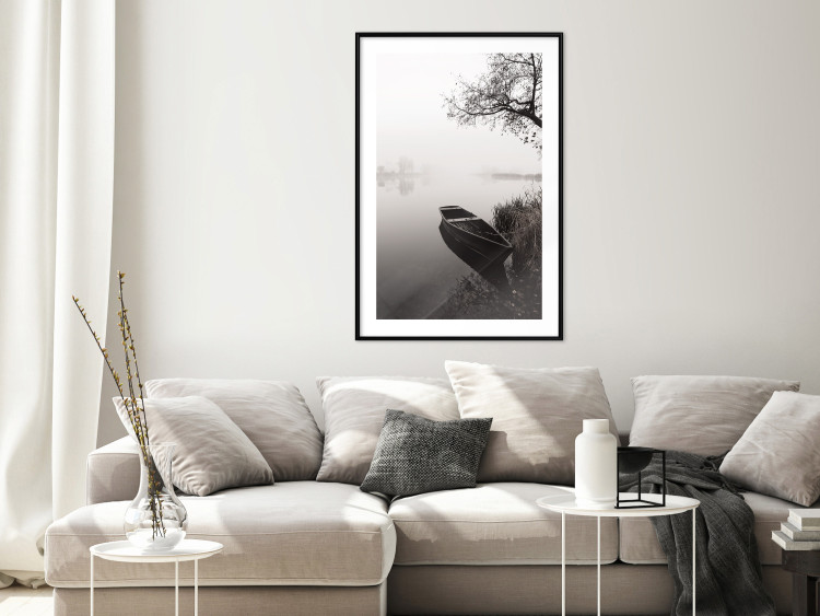 Poster Harbor Under the Tree - black and white misty lake landscape with a boat 130348 additionalImage 18