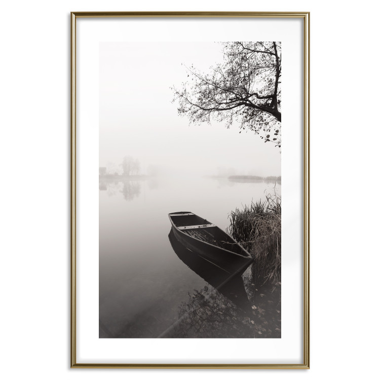 Poster Harbor Under the Tree - black and white misty lake landscape with a boat 130348 additionalImage 14