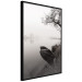 Poster Harbor Under the Tree - black and white misty lake landscape with a boat 130348 additionalThumb 3