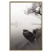Poster Harbor Under the Tree - black and white misty lake landscape with a boat 130348 additionalThumb 17