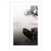 Poster Harbor Under the Tree - black and white misty lake landscape with a boat 130348 additionalThumb 19