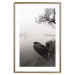 Poster Harbor Under the Tree - black and white misty lake landscape with a boat 130348 additionalThumb 14