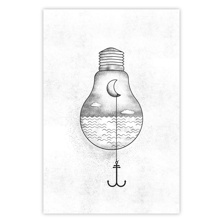 Wall Poster Anchored Moon - white light bulb composition with sea and moon 131948
