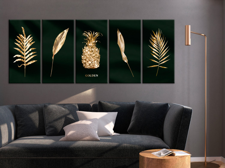 Canvas Gold flora - 5-piece picture of leaves and fruits covered with gold 134548 additionalImage 3
