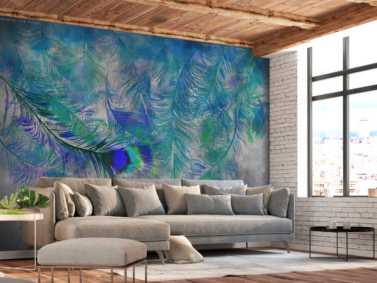 Wall Mural Exotic motif - blue peacock feathers on grey concrete background 134948