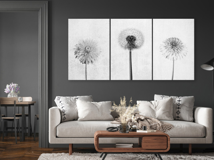 Canvas Art Print Delicate Trio (3-piece) - black and white dandelions and daisies in a meadow 143248 additionalImage 3