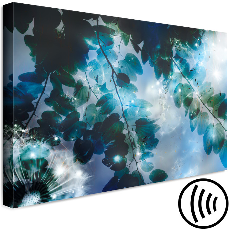 Canvas Art Print Blue (1-piece) - blue garden among leaves and dandelion flowers 144048 additionalImage 6
