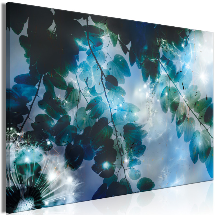 Canvas Art Print Blue (1-piece) - blue garden among leaves and dandelion flowers 144048 additionalImage 2