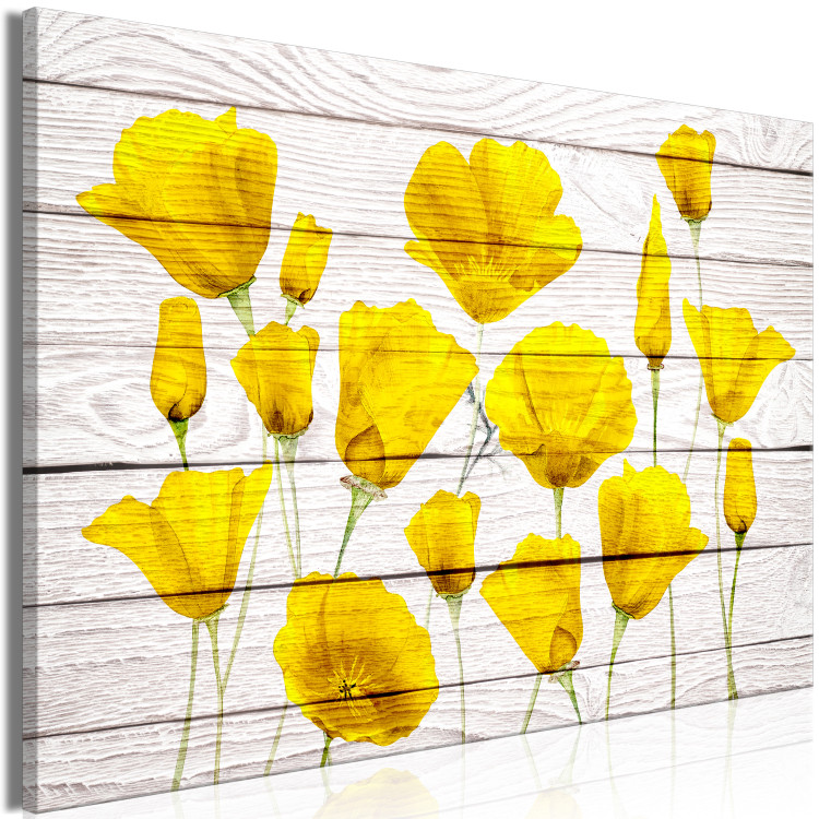 Canvas Print Yellow Flowers (1-piece) - lemon plants on a light wood background 144648 additionalImage 2