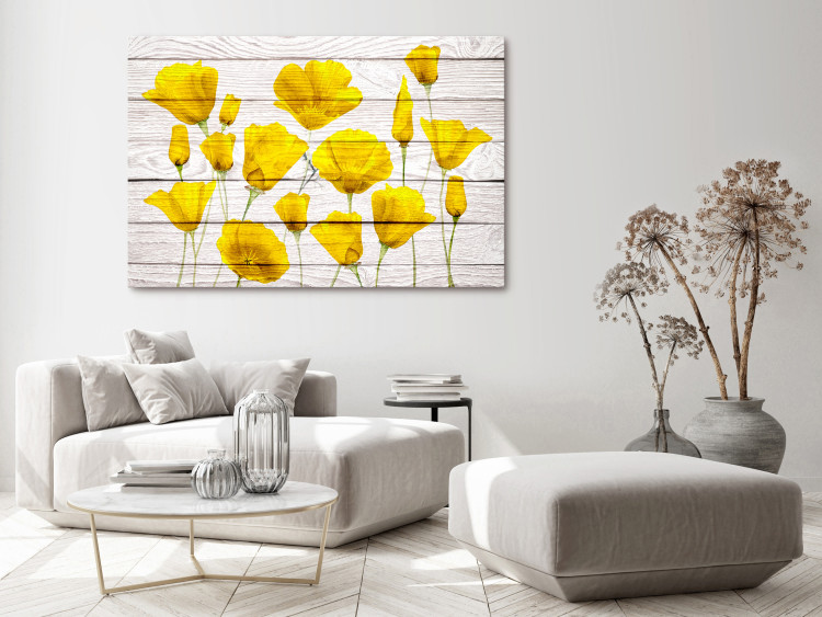 Canvas Print Yellow Flowers (1-piece) - lemon plants on a light wood background 144648 additionalImage 3
