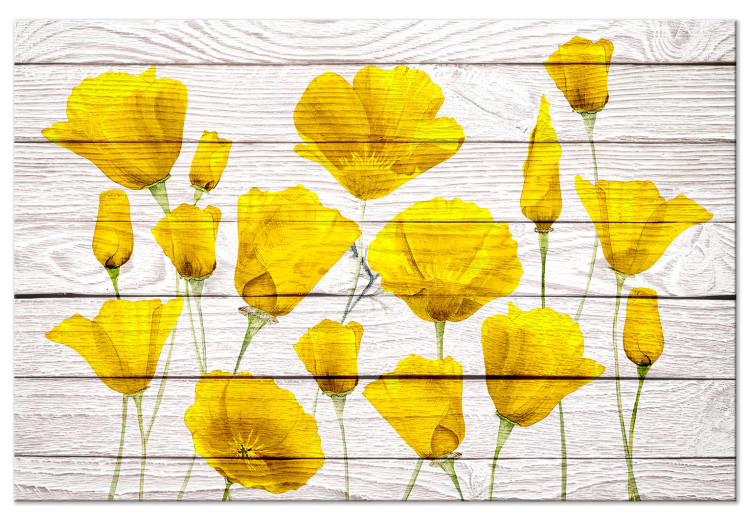 Canvas Print Yellow Flowers (1-piece) - lemon plants on a light wood background 144648
