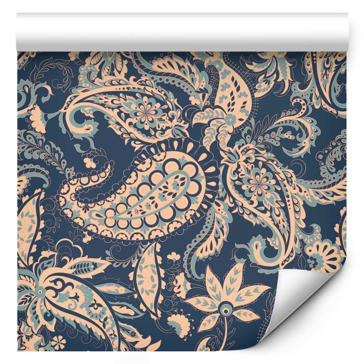 Wallpaper Indian Ornament - Floral Pattern Richly Decorated on a Blue Background 150048 additionalImage 1