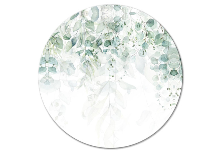 Round Canvas Cascade of Greenery - Delicate Twigs Full of Leaves on a White Background 151048