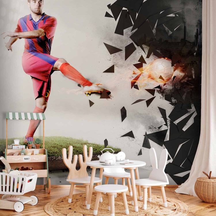 Wall Mural Sporty Abstraction - Soccer player kicking the ball on the field for a teenager 61148