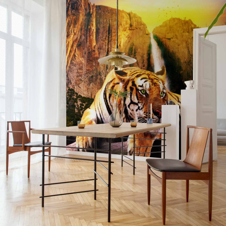 Wall Mural Peace of Nature - Beautiful tiger lying on rocks by a waterfall 61348 additionalImage 4