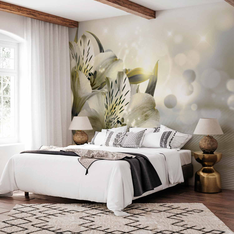 Wall Mural Green dawn - lily flowers in morning glow on striped background 81948 additionalImage 2