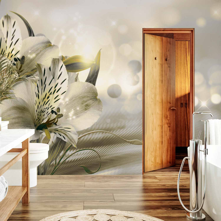 Wall Mural Green dawn - lily flowers in morning glow on striped background 81948 additionalImage 8