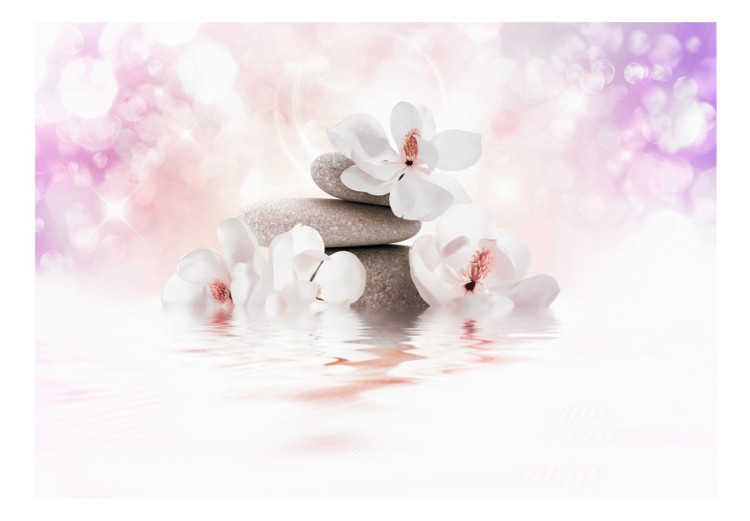 Photo Wallpaper Orient - magnolia flower motif with zen stones on a purple background 87848 additionalImage 1