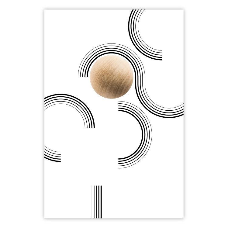 Wall Poster Blocked Sphere - black and white geometric abstraction with wood 116558