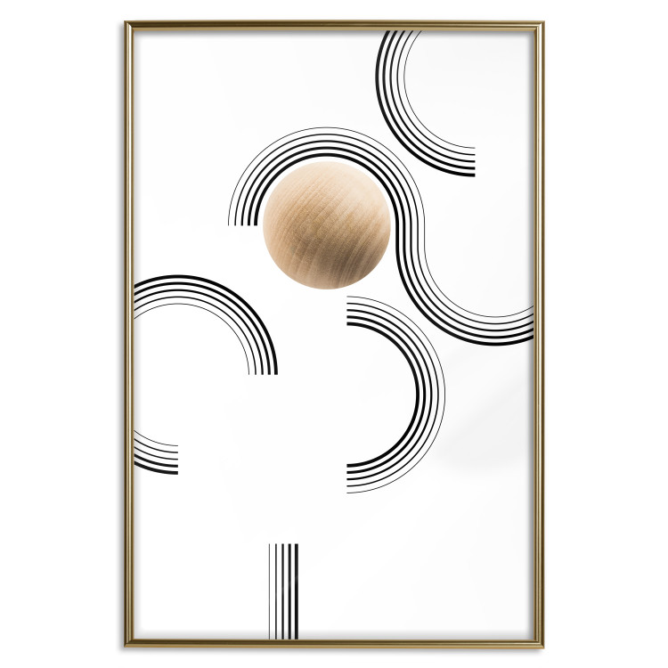 Wall Poster Blocked Sphere - black and white geometric abstraction with wood 116558 additionalImage 20