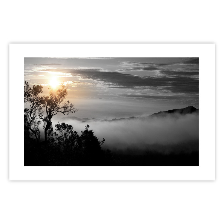 Poster Sunrise - dark landscape of trees against clouds and dense fog 117258 additionalImage 25
