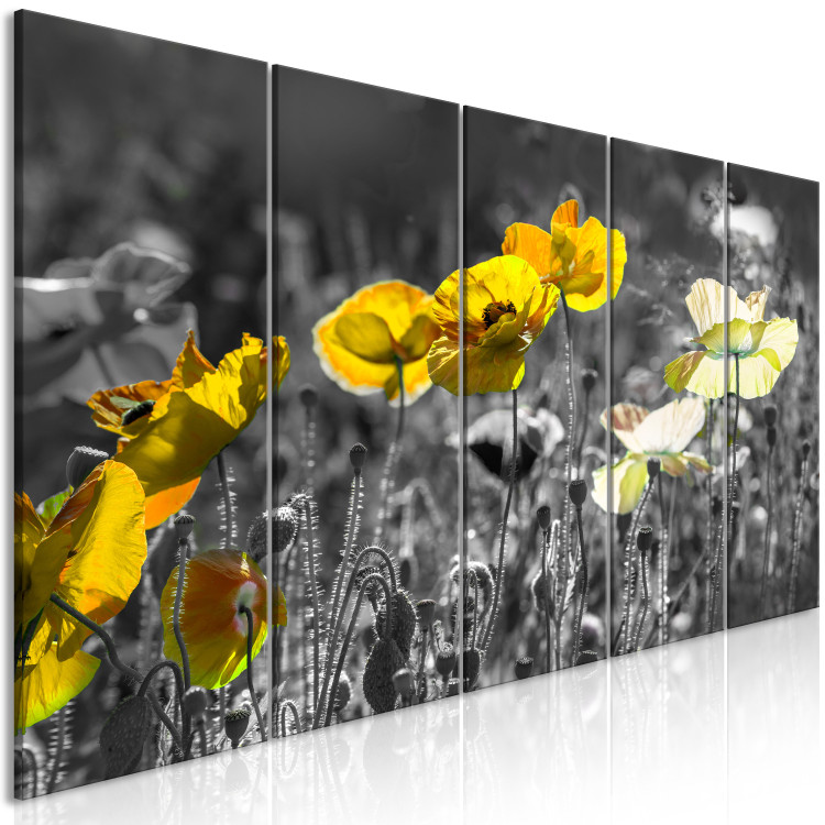 Canvas Print Yellow poppies in a grey meadow - 5-Piece photo with yellow flowers 123058 additionalImage 2