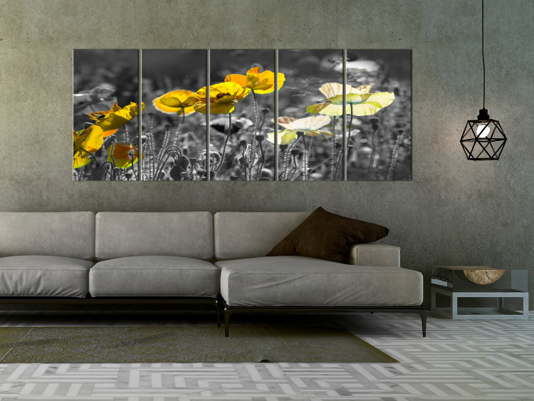 Canvas Print Yellow poppies in a grey meadow - 5-Piece photo with yellow flowers 123058 additionalImage 3