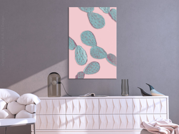Canvas Print Pastel prickly pear - green cactus leaves on a pink background 128758 additionalImage 3