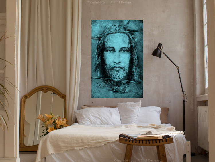 Wall Poster Turin Shroud in Turquoise - sacred composition with a portrait of Jesus 129358 additionalImage 2