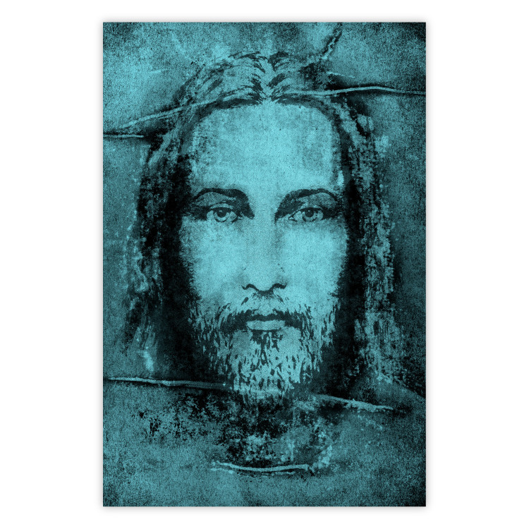 Wall Poster Turin Shroud in Turquoise - sacred composition with a portrait of Jesus 129358