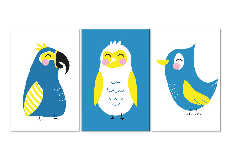 Canvas Print Bird Trio (3-piece) - colorful bird composition for children 143458