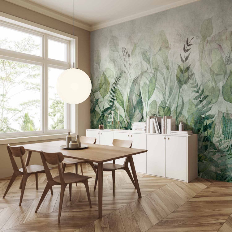Wall Mural Watercolour meadow - green leaf motif on a grey background 143858 additionalImage 7