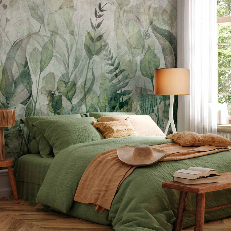 Wall Mural Watercolour meadow - green leaf motif on a grey background 143858 additionalImage 2