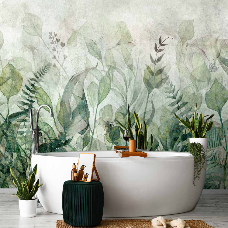 Wall Mural Watercolour meadow - green leaf motif on a grey background 143858 additionalImage 8