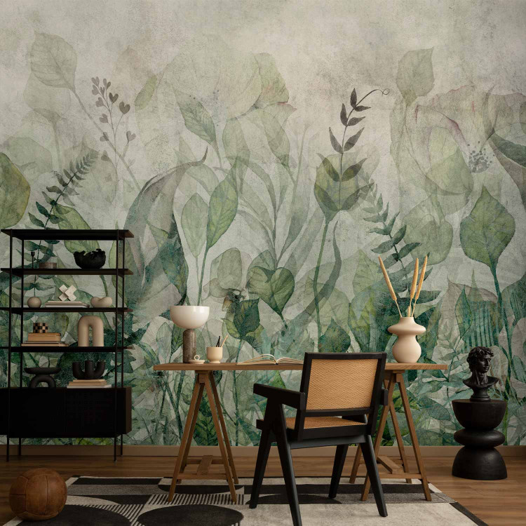 Wall Mural Watercolour meadow - green leaf motif on a grey background 143858 additionalImage 4