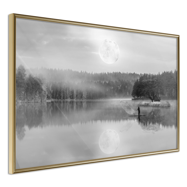 Wall Poster Night Landscape - Lake Illuminated by the Moonlight in Black and White 147658 additionalImage 6