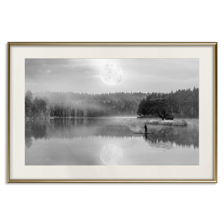 Wall Poster Night Landscape - Lake Illuminated by the Moonlight in Black and White 147658 additionalImage 23