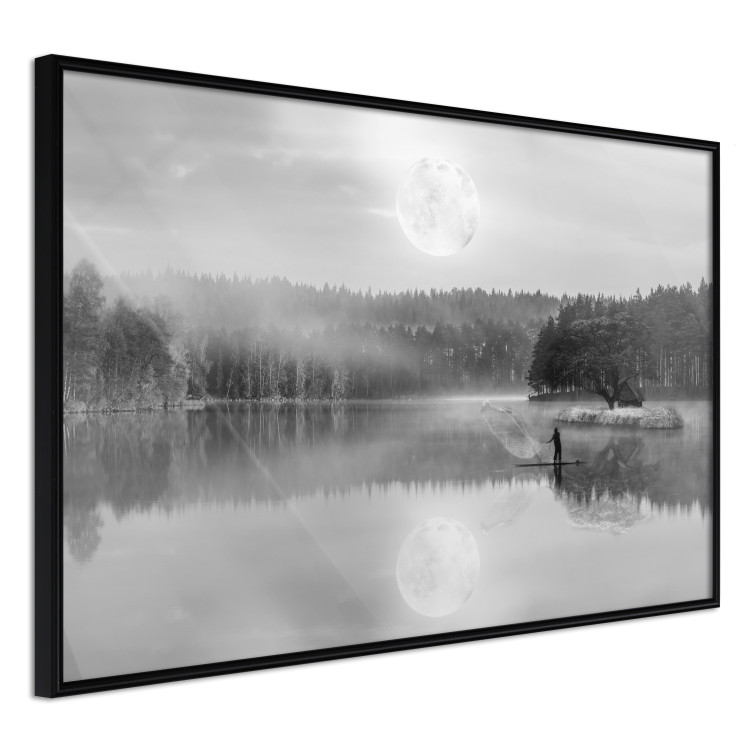 Wall Poster Night Landscape - Lake Illuminated by the Moonlight in Black and White 147658 additionalImage 3