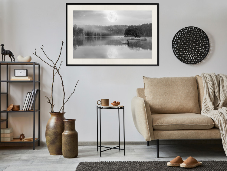 Wall Poster Night Landscape - Lake Illuminated by the Moonlight in Black and White 147658 additionalImage 9